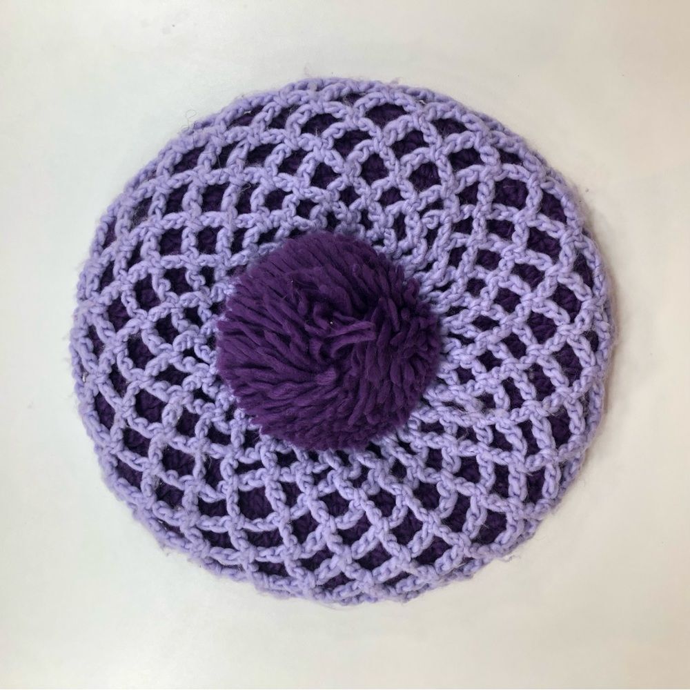 Dark Purple and Lavender Hand-Crocheted Beret, One Size, Preowned